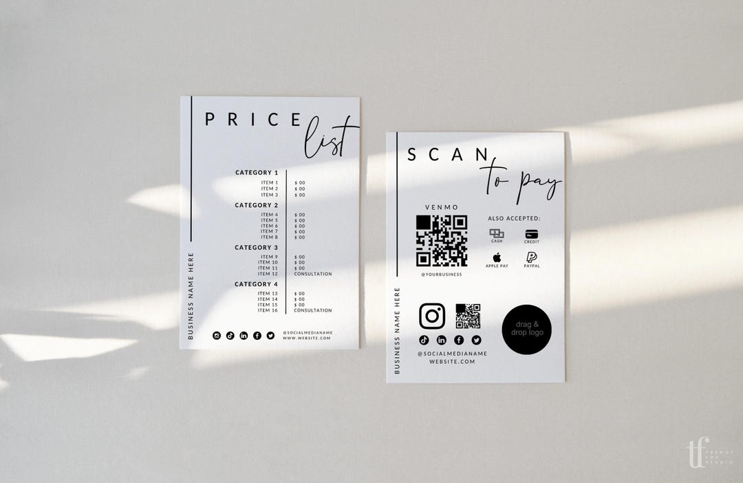 Printable Price List & Payment Sign Template Canva, QR Code Sign, DIY ...