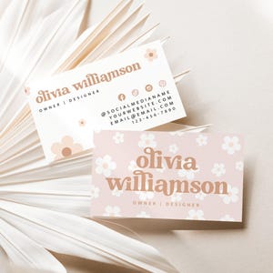 Retro Daisy Business Card Canva Template, Printable Groovy Business Card, Editable Pastel Pink Business Card, Feminine Business Card - Dani