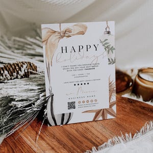 Boho Christmas Business Thank You Card QR Code Canva Template, Scandi Holiday Printable Thanks For Your Purchase, Neutral Package Insert