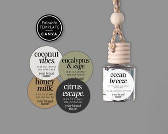 Puede incluir: Un frasco difusor de aceite de vidrio colgante con tapa y cordón de madera, junto a cuatro etiquetas circulares con el texto coconut vibes, eucalyptus & sage, honey milk, citrus escape, ocean breeze y una insignia de plantilla Canva.