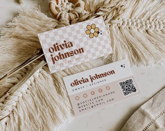 Retro Business Card Template, Printable Groovy Business Card Design, QR Code Business Card, Scannable Card, Editable Canva Template - Pixie