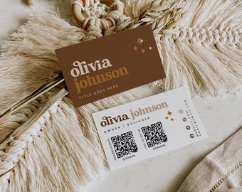 Retro 70s Business Card Canva Template, Printable Earthy Business Card Design, Editable QR Code Scannable Connect on Socials Card - Dani