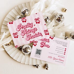 Coquette Cherry Business Thank You Card Canva Template, QR Code Editable Pink Red Bows Ribbons, Thank You Business Packaging Printable
