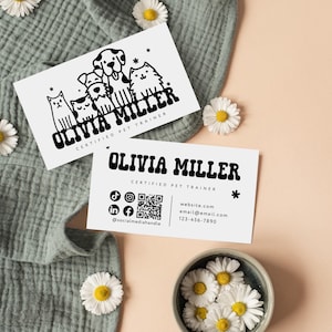 Cat & Dog Business Card Template QR Code Canva, Dog Walking Pet Sitting Pet Boarding Branding, Black White Dog Trainer Animal Business Card