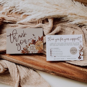 Fall Boho Business Thank You Card Template, Autumn Printable Thanks For Your Purchase Card, DIY Pumpkin Business Package Insert Card Canva
