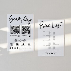 Modern scan-to-pay-bord en prijslijstsjabloon, QR-codebord, afdrukbaar betalingsbord, geaccepteerde betalingen, prijsblad, prijsgids - Hana