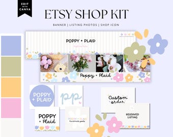 Cottagecore Floral Etsy Shop Template Canva, Preppy Colorful Banner Logo Icon Bundle for Online Store - Bliss