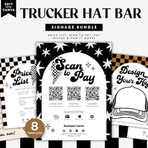 Trucker Hat Bar Sign Bundle Canva Template, Editable Hat Instruction Printable Price List Scan to Pay Sign, Hat Bar Sign Kit Hat Design DC35
