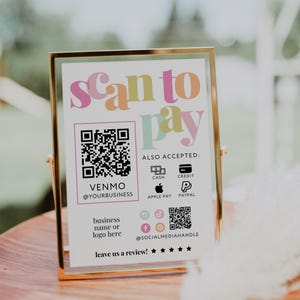 Rainbow Scan to Pay Sign Template Canva QR Code Printable Payment Sign, Accepted Payments Sign, CashApp Paypal Venmo Printable Sign - Mel