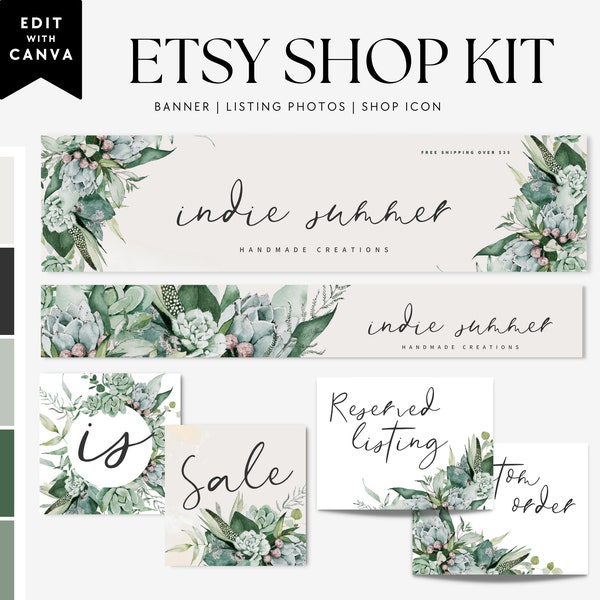 Grünes Etsy Shop Banner Canva Template, Etsy Shop Branding, bearbeitbares Etsy Banner, Florales Website Banner, Botanisches Shop Banner - Harper