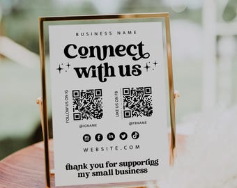 Retro Social Media Sign Canva Template QR Code, Follow Us On Social Media, Small Business Sign Template, Social Media Business Sign - Dani