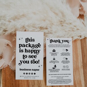 May include: Two white rectangular cards with black text. The left card reads, "this package is happy to see you too!" with social media icons. The right card provides diffuser instructions, a "THANKS10" discount code, and a five-star review request.