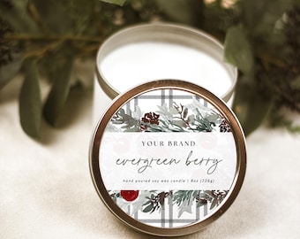 Round Christmas Candle Label Canva Template, Editable Circle Candle Label Design, Seasonal Holiday Candle Tin Label Template 2, 2.5, 3"