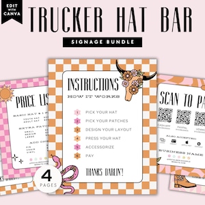 Trucker Hat Bar Signage Canva Template, Editable Hat Instructions, Printable Price List, Scan to Pay Sign, Trendy Hat Bar Branding - Brooks