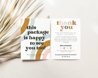 May include: Two rectangular business cards with white backgrounds. The left card features rainbow arches in muted tones and the text this package is happy to see you too. The right card displays the text thank you and social media icons.
