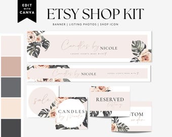 Boho Etsy Shop Branding Kit Canva Template, Floral Etsy Store Banner & Logo