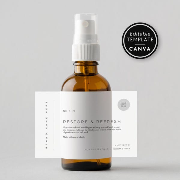 Room Spray Label Template, Editable Product Label Template, 2x2 3x2 DIY Label for Body Products or Room Spray, Canva Label Template - Greer