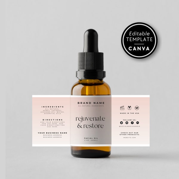 Dropper Bottle Label Template Cosmetic Bottle Label Editable Essential Oil Label Minimal Facial Oil Roll On Label Template - "Mina" DB11