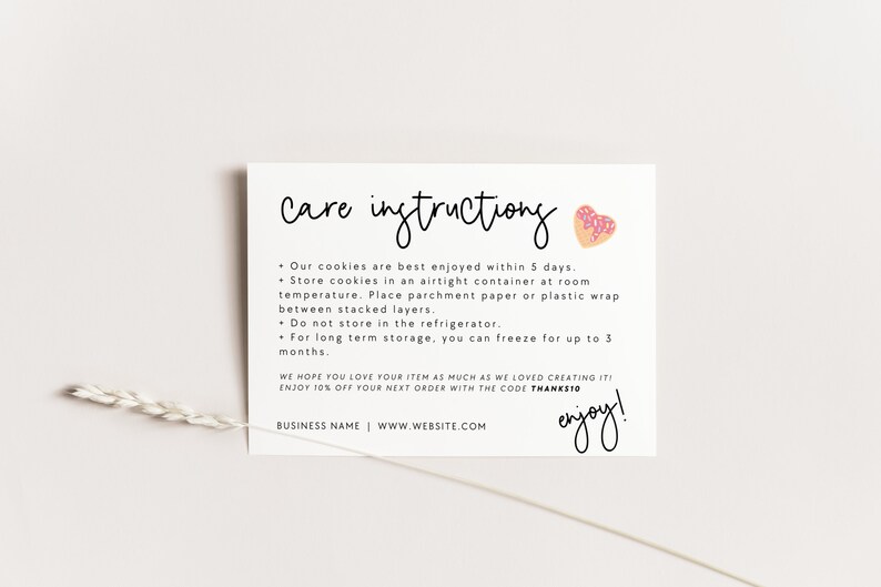 Minimal Cookie Care Card Template Cake Instructions Card | Etsy
