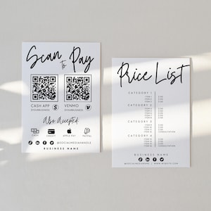 Nowoczesny szablon znaku Scan to Pay i listy cen, znak z kodem QR, drukowany znak płatności, akceptowane płatności, arkusz cenowy, przewodnik cenowy - Hana
