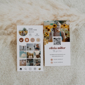 Retro Instagram Style Business Card Template Canva, QR Code Printable Boho Business Card, DIY Editable Social Media Card with Photos - Pixie