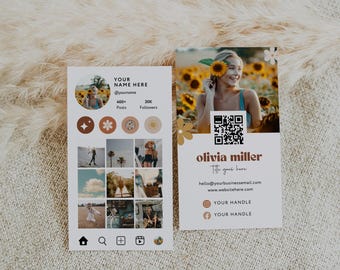 Retro Instagram Style Business Card Template Canva, QR Code Printable Boho Business Card, DIY Editable Social Media Card with Photos - Pixie