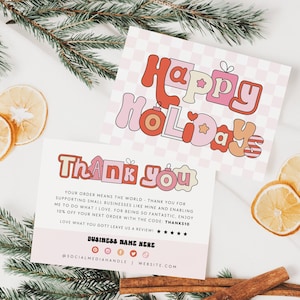 Retro Holiday Business Thank You Card Canva Template, Printable Christmas Thanks For Your Purchase Card Package Insert Groovy Christmas Bryn