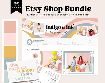 Rainbow Etsy Shop Template Kit Canva, Pastel Etsy Banner with Listing Photo Templates, Etsy Seller Template, DIY Etsy Store Branding - Dani