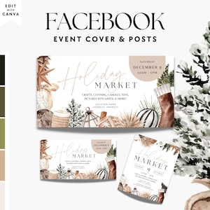 May include: Facebook event cover and posts for a Holiday Market. The design features watercolor illustrations of Christmas decorations, including a Christmas tree, stockings, and ornaments. The text includes the date, time, and a list of items available at the market.