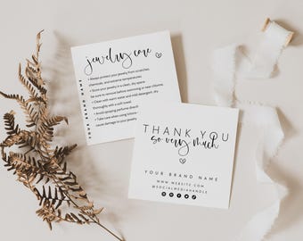 Jewelry Care Card Template, Minimal Business Thank You Card Insert, Modern Jewelry Care Instructions, Printable Care Card Canva - Adele