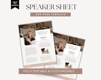 May include: A speaker sheet one-page template featuring the text "SPEAKER SHEET" and "REBECCA BROOKS AUTHOR". The layout includes a photograph of a person, sections for speaking topics, introduction, mission, and testimonials.