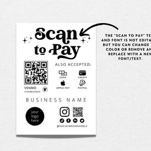 Editable Scan to Pay Sign QR Code Sign Template Canva, Printable Payment Sign, Accepted Payments Sign, CashApp Venmo Sign Customizable Dani image 4