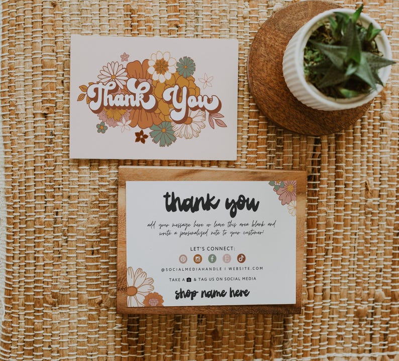 Boho Retro Thank You Card Template, Editable Groovy Flower Business ...