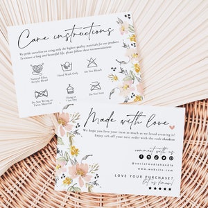 Knit Care Card Template Canva, Business Thank You, Floral Knitting Washing Instructions, Product Care with Icons, Clothing Garment Care Card