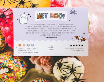 Colorful Pastel Halloween Business Thank You Card Canva Template, Editable Spooky Ghosts Packaging Postcard