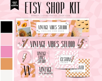 Retro Groovy Etsy Shop Kit Canva, Etsy Banner Template, DIY Etsy Store Branding, Editable Etsy Store Banner, Shop Icon Profile Photo -Brooks