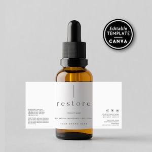May include: An amber glass bottle with a black dropper and a white label. The label says "restore" and "All Natural Ingredients". A black and white circle with the text "Editable Template Canva" is in the background.