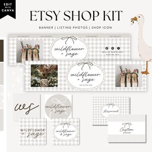Könnte beinhalten: Ein Etsy-Shop-Kit mit hellgrau-weißem Vichy-Muster, bestehend aus Bannern, Shop-Icons und Listing-Grafiken. Das Design zeigt den Text wildflower + sage, custom order und reserved, ergänzt durch eine Illustration einer weißen Gans.