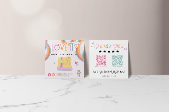 Pastel Rainbow Snap and Share Card Canva Template, QR Code Business Card, Follow Us On Social Media, Leave us a Review Card Template - Amara