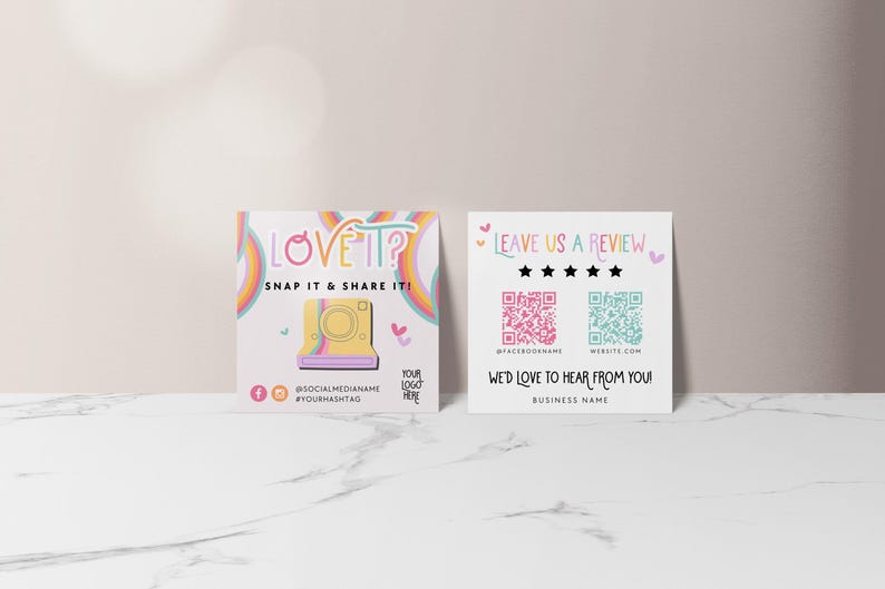 Pastel Rainbow Snap and Share Card Canva Template, QR Code Business Card, Follow Us On Social Media, Leave us a Review Card Template - Amara image 1