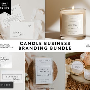 Candle Business Branding Bundle | Canva Template - Candle Label, Thank You & Care Card, Business Card, Warning Label | April