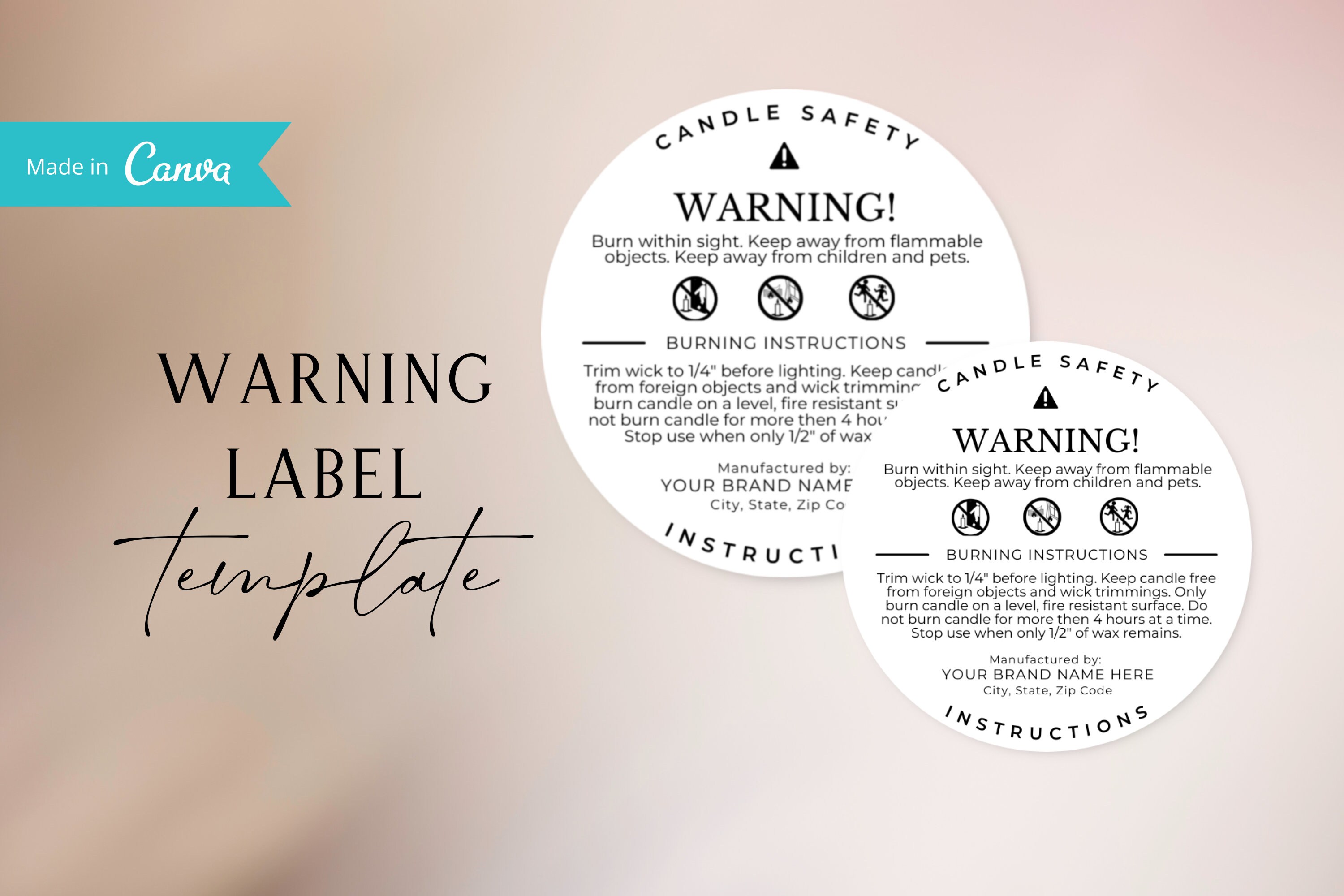 Candle Warning Label Template Digital Download Editable - Etsy Israel