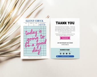 Trendy Guest Check Thank You Card Canva Template, Fun Customer Insert