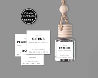Puede incluir: Un frasco difusor de aceites esenciales de vidrio transparente con tapa de madera clara y cordón trenzado. La etiqueta blanca dice No. 19 DARK ICE ESSENTIAL OIL DIFFUSER 0.33 OZ. (10ML) BRAND NAME HERE. Incluye etiquetas cuadradas adicionales.