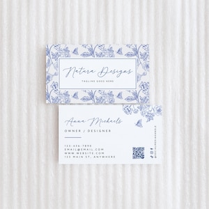 Blue Chinoiserie Business Card Canva Template QR Code, Instant Download, Printable Business Card Template, DIY Editable Calling Card, Toile
