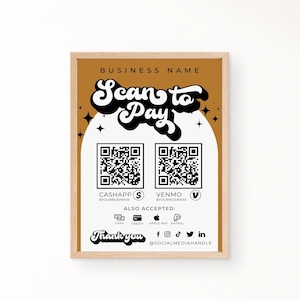 Sjabloon retro scan-to-pay-bord, QR-codebord, afdrukbaar betalingsbord, bord geaccepteerde betalingen, bewerkbaar Venmo Cashapp-betalingsbord Canva