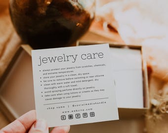 Modèle de carte d&#39;entretien de bijoux pour petite entreprise, insertion minimale de carte de remerciement, instructions d&#39;entretien des bijoux modernes, carte d&#39;entretien imprimable - CC19