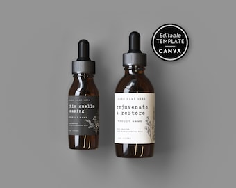 May include: Two amber glass dropper bottles with black caps. The smaller bottle has a black label with white text reading this smells amazing. The larger bottle has a white label with black text reading rejuvenate & restore. A circular badge says Editable Template Canva.