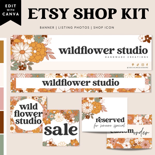 Retro Boho Etsy Banner Template, Etsy Store Branding, Editable Floral Shop Banner, Etsy Website Banner, Retro Etsy Store Cover Canva - Dani