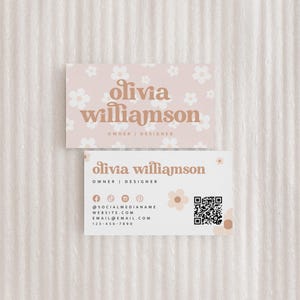 Retro Business Card Canva Template QR Code, Printable Groovy Daisy Business Card, Editable QR Code Business Card, Scannable Card - Dani